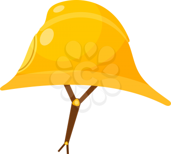 Yellow fireman helmet. Cartoon fireman helmet with a leather strap on a white background. 
Elelement equipment fire brigade member. Head protection subject. Stock vector illustration