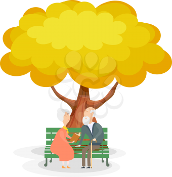 Old men on the bench. Elderly couple on a park bench under the yellow autumn tree. 
Illustration of a happy marriage. Harmony in old age. Stock vector illustration
