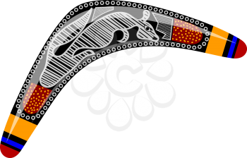 Australian boomerang. Cartoon boomerang on a white background. Boomerang withTribal kangaroo. Stock vector
