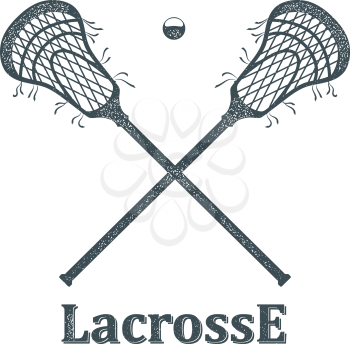 Crossed lacrosse stick and ball with grunge texture on white background. Objects Sports club symbol. Sign lacrosse competition. Stock vector illustration