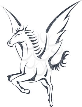 Grunge sketch of a flying pegasus, isolated on white background. Unicorn. Stock vector illustration.