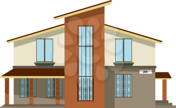 Flat style. Cartoon building. Modern two-storey private house with a sloping roof on a white 
background. Isolate. Icon Building. Element for the site estate agency. Symbol of wealth and 
success. 