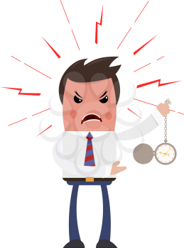 Angry boss on a white background. Sleek style. Unhappy with the head of a clock in his 
hand. The color image is an industrial dispute. Business theme. Stock vector illustration