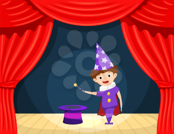 Young magician on stage. Children's performance. Small actor with a magic wand and 
cylinder on stage playing the role of a wizard. A scene from the play. Stock illustration