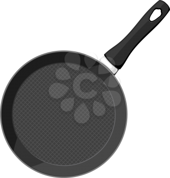 Vector image of a black cast iron pan with a handle on a white background. Subject kitchen accessory. Stock vector illustration