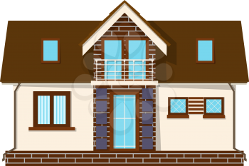 Beautiful small house with a loft, balcony. Building with an attic. Cozy rural house with a mezzanine. Stock vector illustration