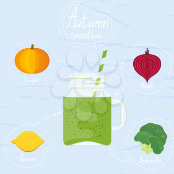 Vector illustration of autumn smoothies. Glass cup with drinking straw on a blue background. Smoothies with beetroot, pumpkin, broccoli and lemon. Autumn vitamin drink. Flat style