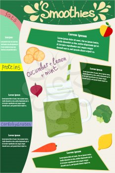 Green smoothies. Glass glass with a vitamin cocktail smoothie of cucumber, lemon and mint with elements of infographics and text. Vector illustration of a natural and healthy food.