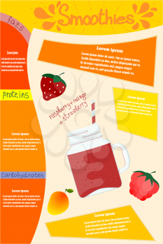 Red smoothies. Glass glass with a vitamin cocktail smoothie of strawberry, raspberry, mango with elements of infographics and text. Vector illustration of a natural and healthy food.