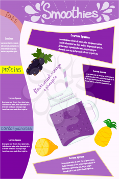 Purple smoothies. Glass glass with a vitamin cocktail smoothie of black currant, orange, pineapple with elements of infographics and text. Vector illustration of a natural and healthy food.