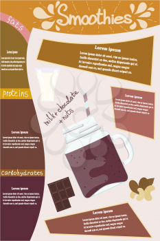 Sweet smoothies. Glass glass with a vitamin cocktail smoothie of milk, chocolate, nuts with elements of infographics and text. Vector illustration of a natural and healthy food.
