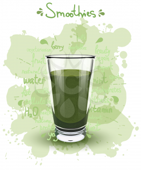 Vector illustration high glass cup with a green smoothies. Healthy nutrition - smoothies. 
Color image of green smoothies on a white background with the text, shadow and color blots