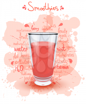 Vector illustration high glass cup with a red smoothies. Healthy nutrition - smoothies. Color 
image of red smoothies on a white background with the text, shadow and color blots