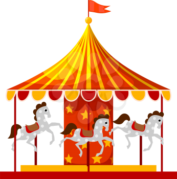 Stock Vector Cartoon children's fun colorful carousel with horses. Children playing a traditional carousel isolate on a white background.