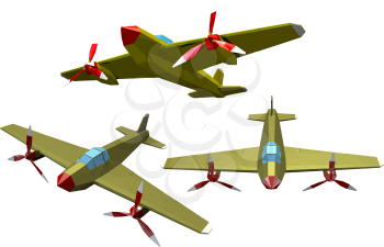 Set of color vector military airplanes on a white background. Low poly style. Aircraft of 
World War II. Stock vector illustration