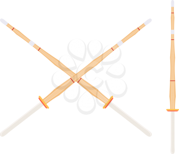 Two crossed bamboo training sword for kendo classes. Wooden Japanese swords, kendo art. Shinai sword. Vector kendo weapon