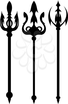 Set vector illustration of abstract black trident on a white background. Isolated objects. 
Ancient weapon. Mythical war materials.