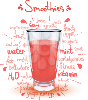 Vector illustration high glass cup with a red smoothies. Healthy nutrition - a smoothies. Color image of red smoothies on a white background with the text and the shadow.