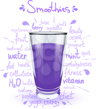 Vector illustration high glass cup with a purple smoothies. Healthy nutrition - a smoothies. 
Color image of purple smoothies on a white background with the text and the shadow.