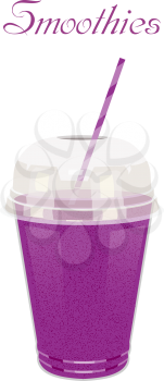 Vector illustration high glass cup with a purple smoothie. Healthy nutrition - a smoothie. 
Color image of purple smoothie on a white background with the text and the shadow.