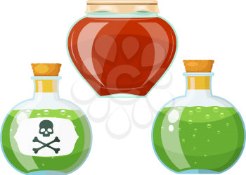 Set bottles with poison. Cardboard style. Vector illustration of a set of ancient glass vessels with poison.