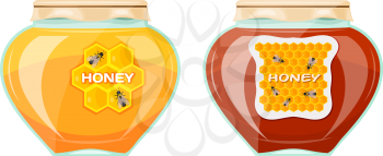 Cartoon Two glass jars of honey on a white background. Vector illustration of a glass vessel with a paper cover with honey. Isolated objects