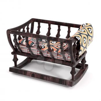 Vintage wooden cradle on white background. Bright baby blanket, a mattress and a pillow with a traditional African pattern. 3D-rendering.