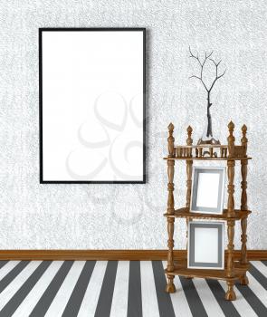 3D illustration of the mocap in an abstract interior. Black frames on a stone wall with wooden vintage and whatnot glass 
vase with a dry branch
