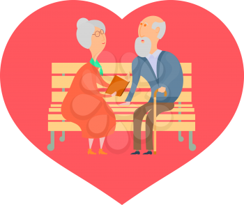 Cute old man and an old woman on a park bench reading a book on a background of red 
hearts. The concept of a long and faithful love and fidelity. Stock vector illustration