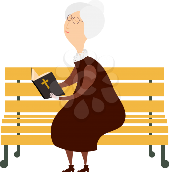 Venerable old woman on a park bench reading a bible. The symbol of old age and 
religiosity. Stock vector illustration