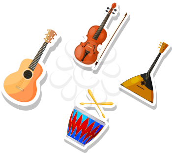 Set of color vector Cartoon musical instruments on a white background. Stickers musical 
instruments guitar, violin, drum, balalaika. Stock vector illustration