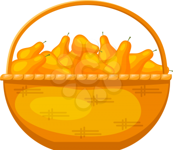 Abstract rural wicker basket with pears. Cartoon style. Vector illustration of a simple basket with ripe fruit