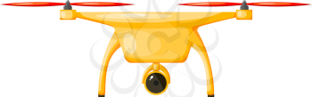 Vector illustration of a flying drone yellow color with red screws. Cartoon a DRON on 
white background. Stock vector illustration of a DRON