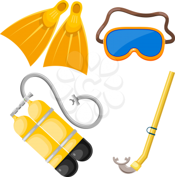 Vector set of abstract objects for diving. Mask, snorkel, scuba, fins. Cartoon diver subjects. Stock vector