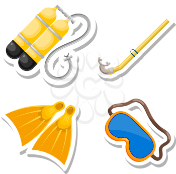 Set items diver cut from paper. Vector accessories dayviga in Cartoon style on a white 
background. Stock vector