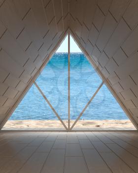 Mockup with a sea sandy beach and wooden walls of an abstract building. 3D 
illustration