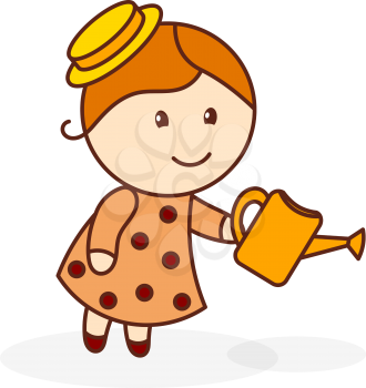 Abstract color image of a little cute girl in a hat watering from a watering-can. Girl with watering can on a white background. Vector illustration