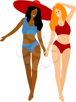 Abstract color image of two young beautiful girls in a hat on the beach. Flat simple figure of girlfriends. Vector illustration