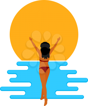 Abstract  image of a young beautiful girl on the beach. Flat simple figure of a girl and waves. Vector illustration