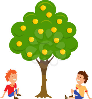 Two boys near the apple tree. Cartoon vector illustration of an apple tree and two seated boys. Flat style. Vector drawing