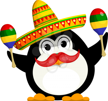 Penguin with a Maracas and a sombrero. Cartoon color image of a young funny little penguin in Mexican style. Children's costume of carnival. Vector illustration