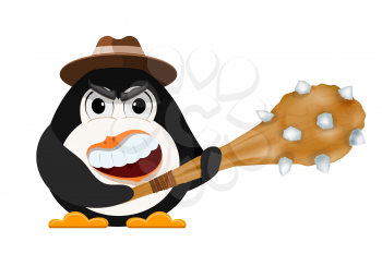 Abstract evil penguin with a hat and a primitive cudgel in his hands. The concept of anger and anger. Cartoon style vector illustration