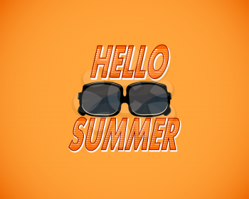 Yellow retro background with hello summer and black sunglasses. Vector illustration