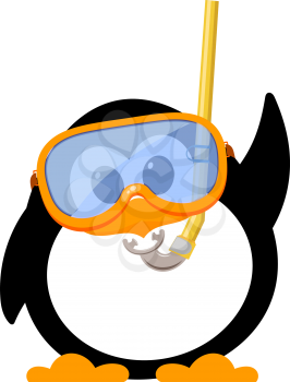 Abstract image of a cute penguin with a mask and snorkel. Cartoon style kid penguin on the beach. Symbol of vacations and summer holidays. Vector illustration