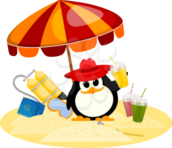Cartoon color image of a small penguin under a beach umbrella on vacation. Young child 
of a penguin with scuba diving, mask, smoothies, passport on the beach. Vector 
illustration