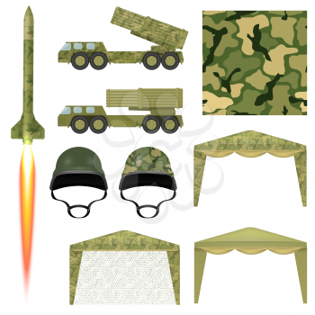 Set of military equipment. Military missile, helmet, awning, protective cloth, rocket launcher. Vector illustration