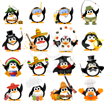 Set of cute little penguins on a white background. Young penguins of different professions with objects. Vector illustration