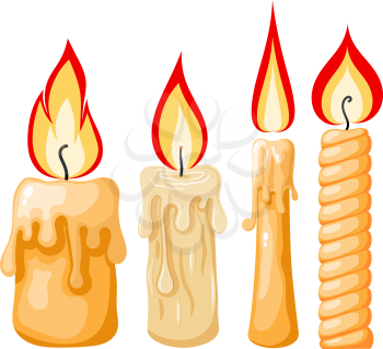 Cartoon of a candle on a white background. Set of yellow candles with flames in Cartoon style. Vector illustration