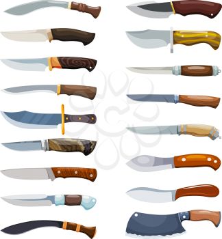 Large set of color images of criminal knives on a white background. Vector illustration of a collection of knives in the style of Cartoon