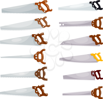 Metal saws on a white background. Vector illustration of hand saws for cutting wood in Cartoon style.